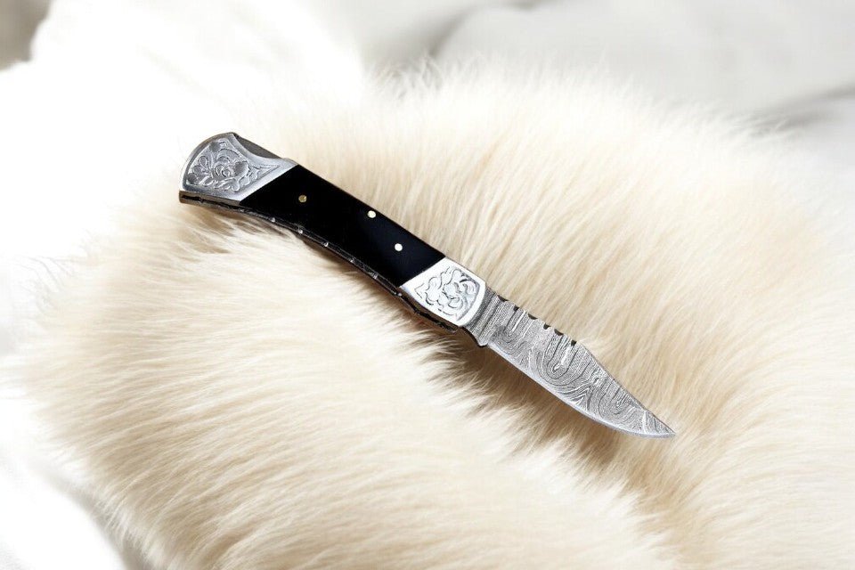 Custom Handmade Damascus Pocket Knife with Buffalo Horn Handle - Angler's Pro Tackle & Outdoors