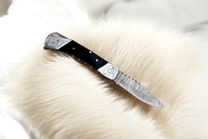 Custom Handmade Damascus Pocket Knife with Buffalo Horn Handle - Angler's Pro Tackle & Outdoors