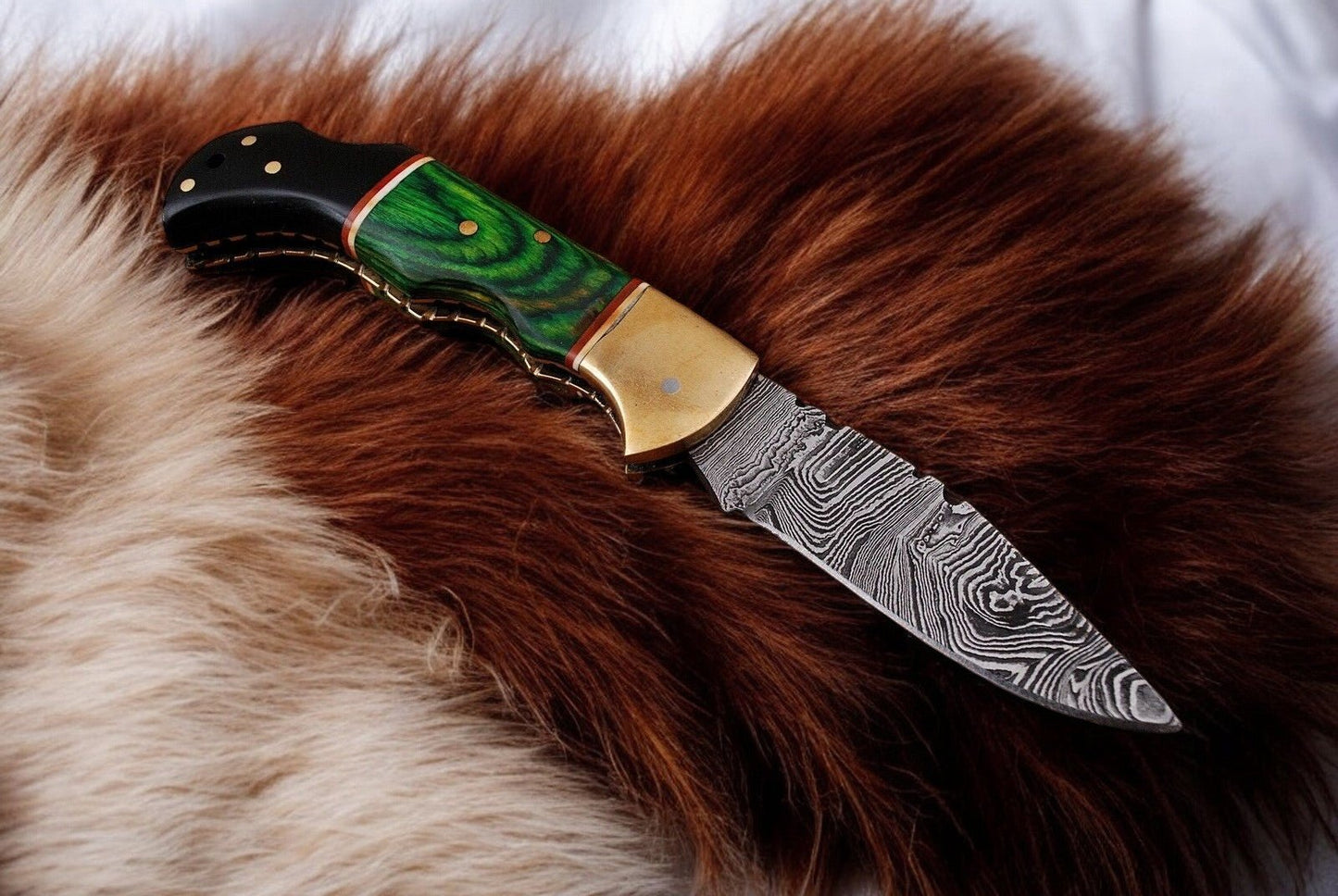 Custom Handmade Damascus Pocket Knife with Green Wood Handle - Angler's Pro Tackle & Outdoors