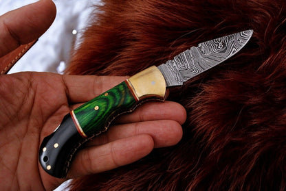 Custom Handmade Damascus Pocket Knife with Green Wood Handle - Angler's Pro Tackle & Outdoors