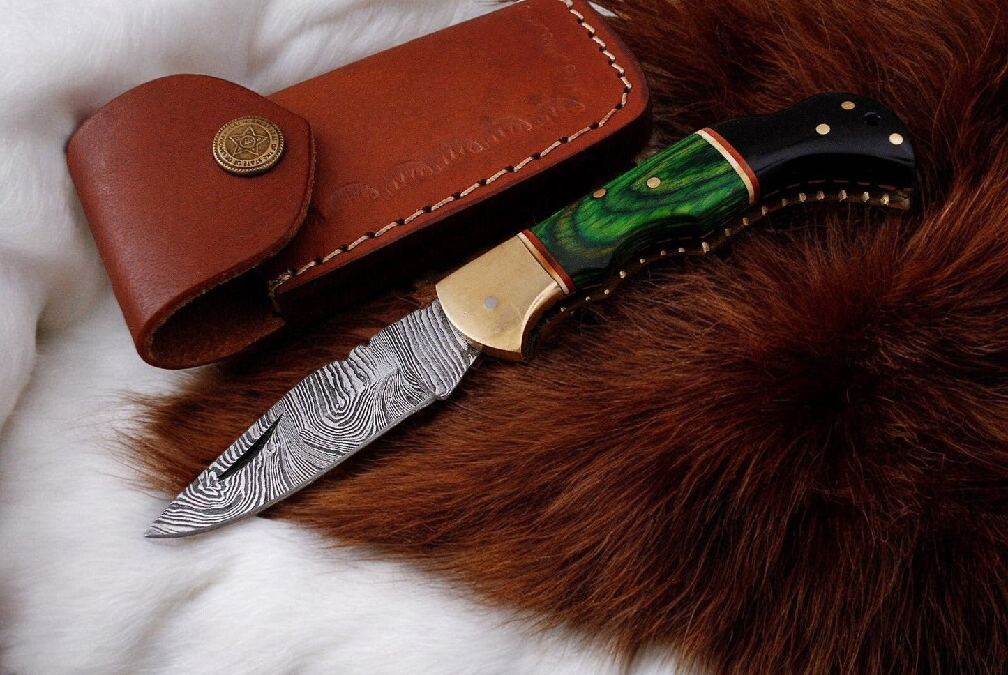 Custom Handmade Damascus Pocket Knife with Green Wood Handle - Angler's Pro Tackle & Outdoors