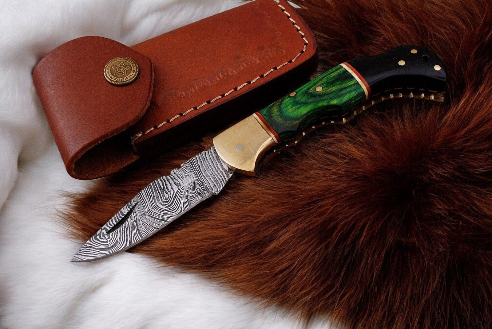 Custom Handmade Damascus Pocket Knife with Green Wood Handle - Angler's Pro Tackle & Outdoors