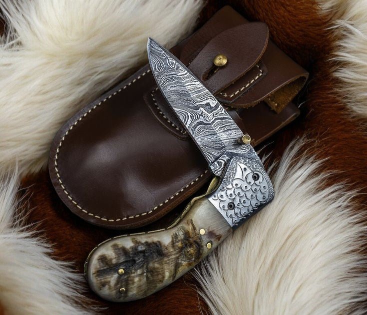 Custom Handmade Damascus Steel Pocket Knife – Sheep Horn - Angler's Pro Tackle & Outdoors