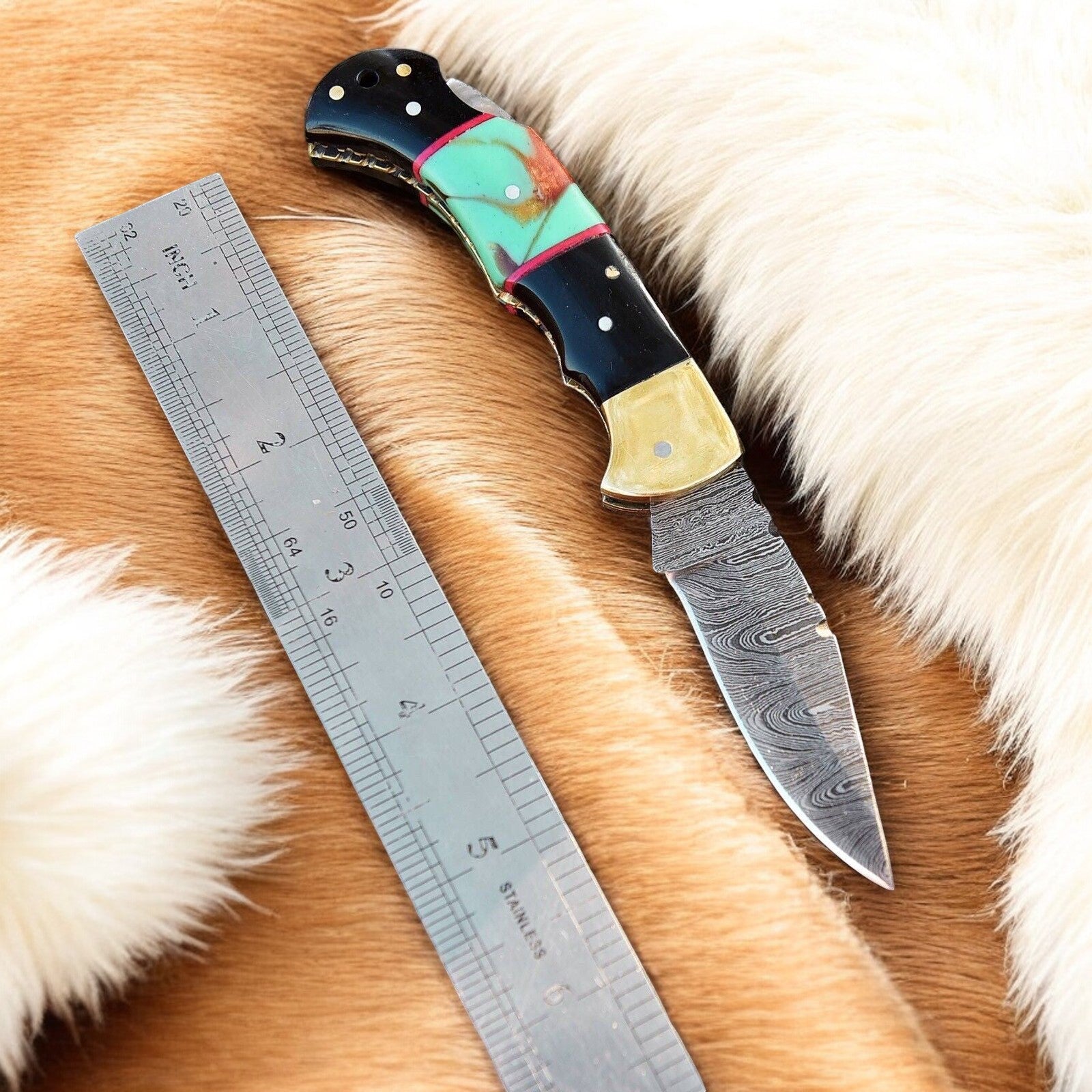 Custom Handmade Damascus Steel Pocket Knife with Brass Bolster - Angler's Pro Tackle & Outdoors