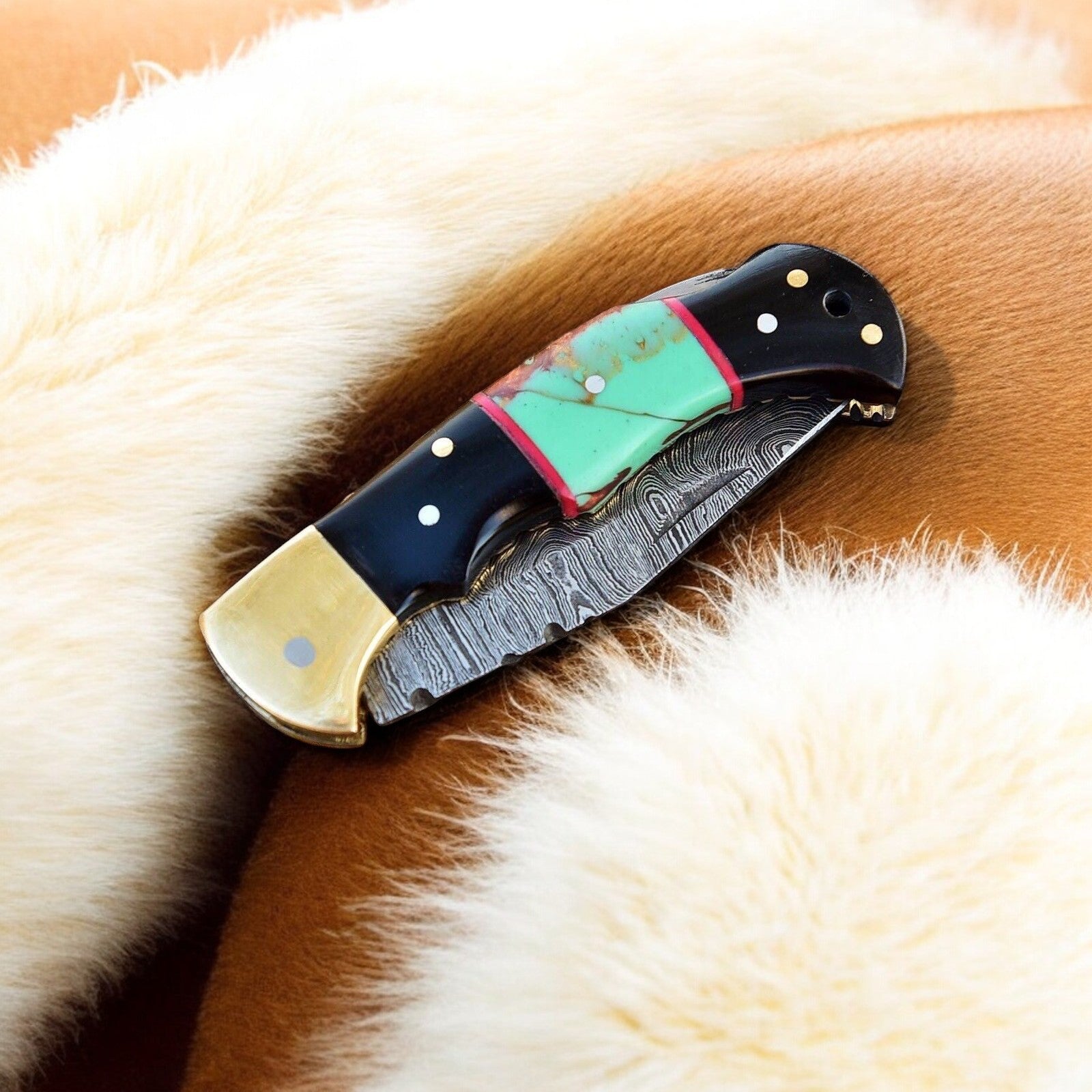 Custom Handmade Damascus Steel Pocket Knife with Brass Bolster - Angler's Pro Tackle & Outdoors