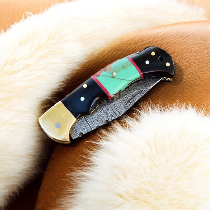 Custom Handmade Damascus Steel Pocket Knife with Brass Bolster - Angler's Pro Tackle & Outdoors