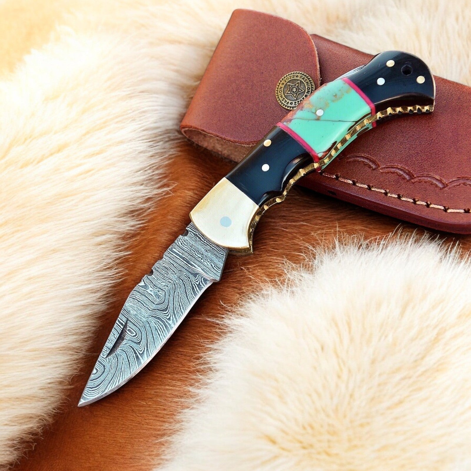 Custom Handmade Damascus Steel Pocket Knife with Brass Bolster - Angler's Pro Tackle & Outdoors