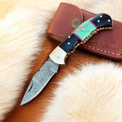 Custom Handmade Damascus Steel Pocket Knife with Brass Bolster - Angler's Pro Tackle & Outdoors