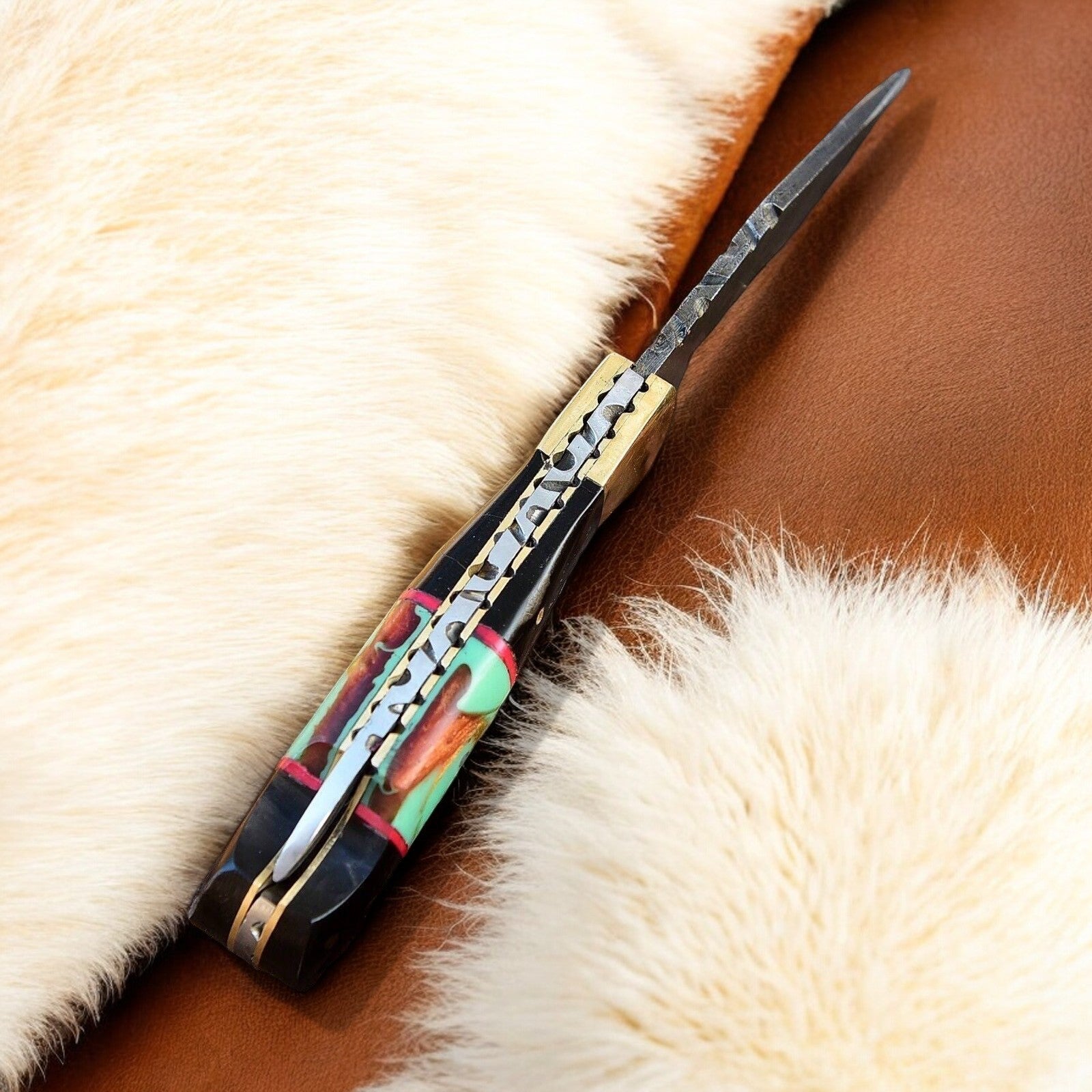 Custom Handmade Damascus Steel Pocket Knife with Brass Bolster - Angler's Pro Tackle & Outdoors