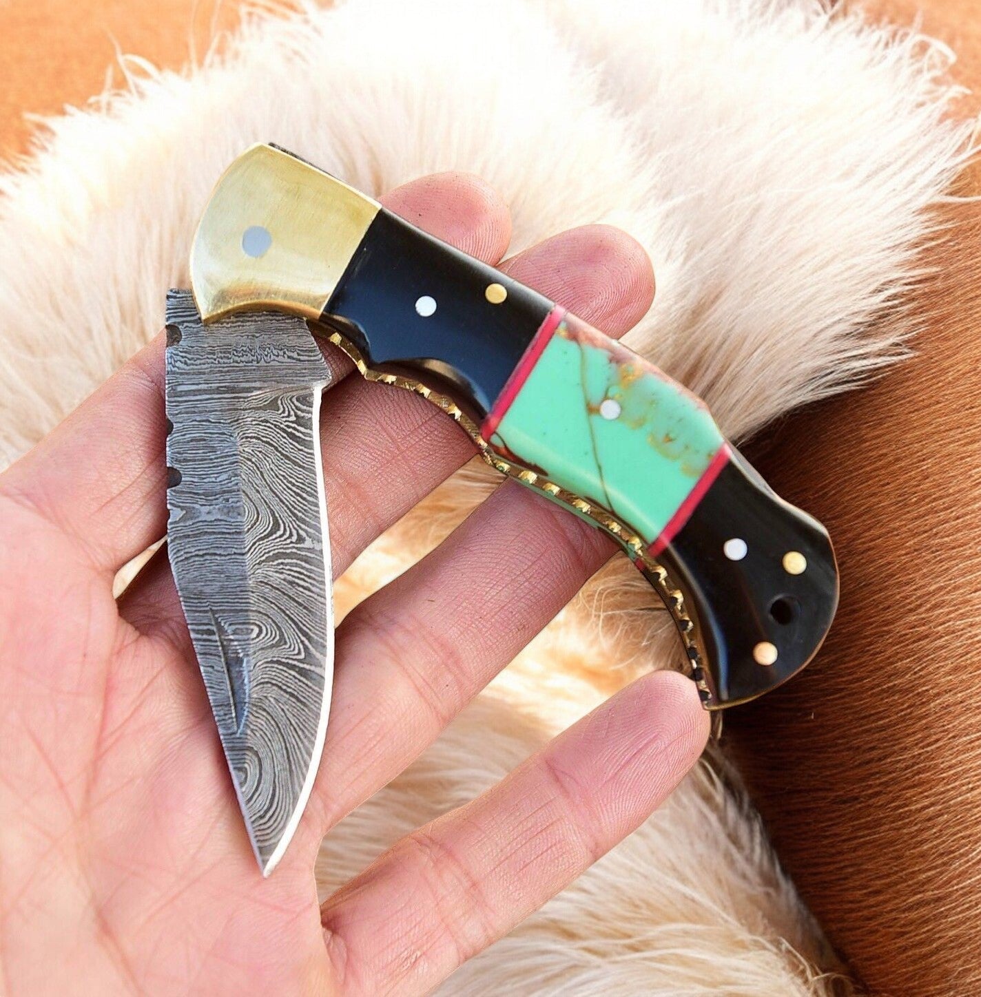 Custom Handmade Damascus Steel Pocket Knife with Brass Bolster - Angler's Pro Tackle & Outdoors