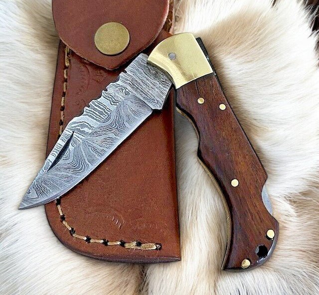 Custom Handmade Damascus Steel Pocket Knife with Rosewood Handle - Angler's Pro Tackle & Outdoors