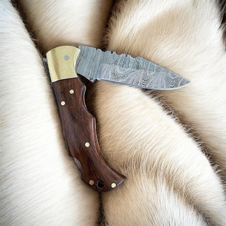 Custom Handmade Damascus Steel Pocket Knife with Rosewood Handle - Angler's Pro Tackle & Outdoors