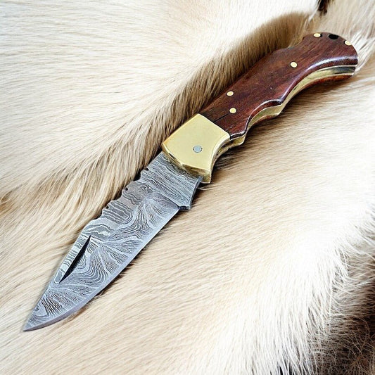 Custom Handmade Damascus Steel Pocket Knife with Rosewood Handle - Angler's Pro Tackle & Outdoors