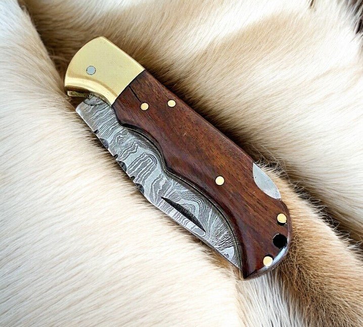 Custom Handmade Damascus Steel Pocket Knife with Rosewood Handle - Angler's Pro Tackle & Outdoors