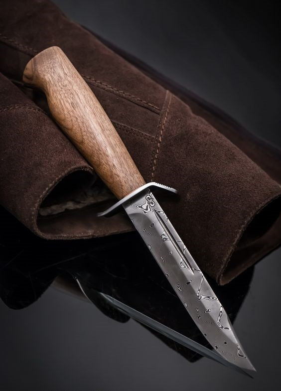 KBS Knives Damascus Hunting Knife for Sale - Damascus Steel Blade with Blood Groove, Walnut Wood Handle, Steel Guard, Leather Sheath - KBS Knives Store
