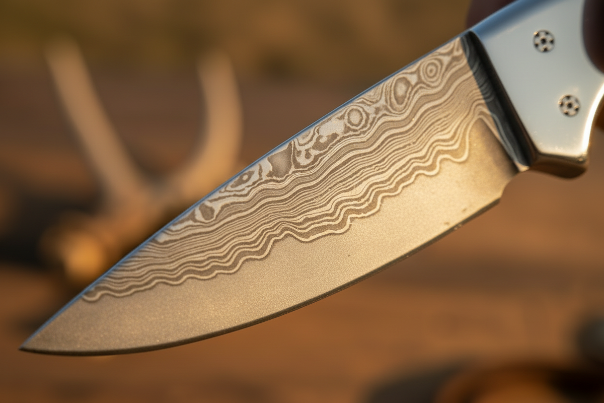 Frontier Cowboy Gear Cross Draw Knife – Damascus Steel, Antler Horn Handle, Steel Bolster & Leather Sheath | 6.25"