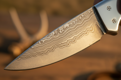Frontier Cowboy Gear Cross Draw Knife – Damascus Steel, Antler Horn Handle, Steel Bolster & Leather Sheath | 6.25"
