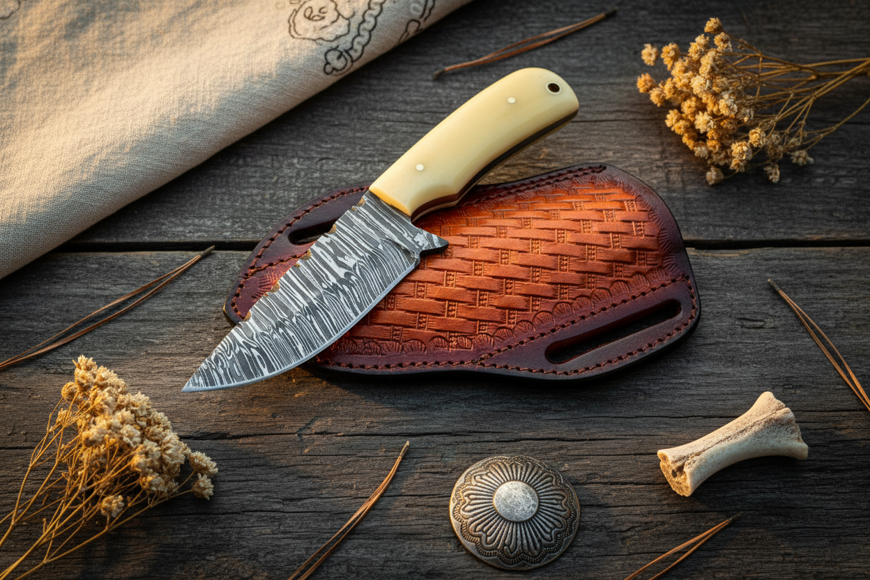 Frontier Cowboy Gear Western Knife – Fire Damascus Steel Blade & Bone Handle with Leather Sheath | 8"