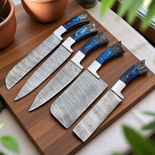 Damascus Knife Store Chef Knife Set – 5 - Piece Full Tang Forged Blades - Angler's Pro Tackle & Outdoors