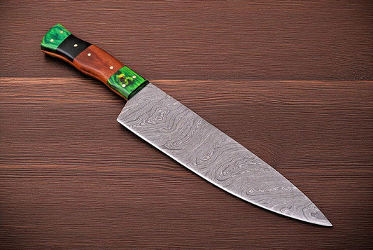 Damascus Knife Store Chef Knife with Wood & Horn Handle - Angler's Pro Tackle & Outdoors