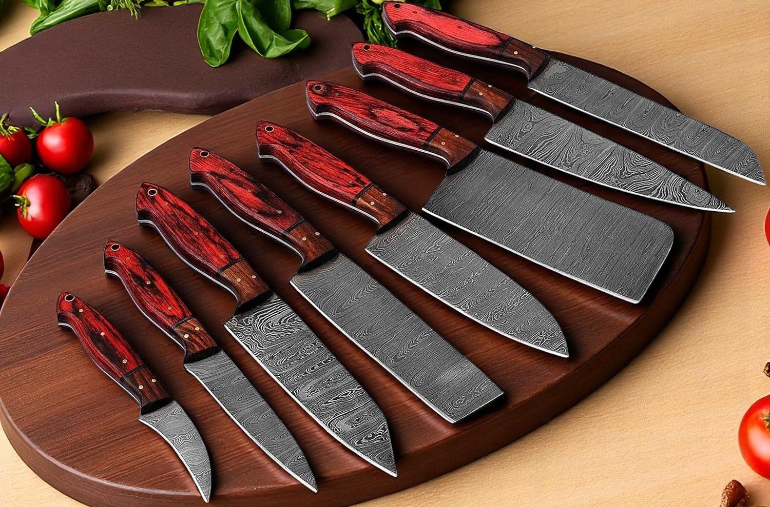 Damascus Knife Store Cooking Knife Set – 8 - Piece Full Tang Forged Blades - Angler's Pro Tackle & Outdoors