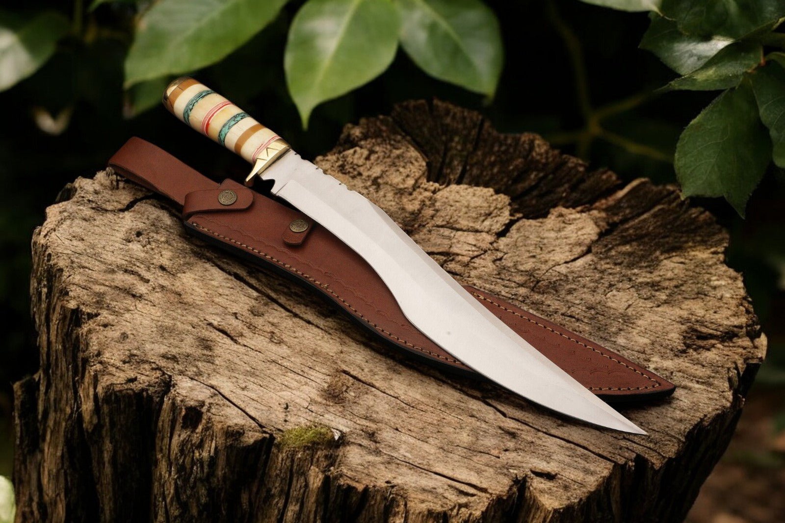 Damascus Knife Store Custom Handmade Bowie Knife - 12" D2 Steel Blade, Exotic Wood & Bone Handle - Angler's Pro Tackle & Outdoors