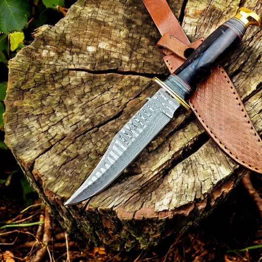 Damascus Knife Store Custom Handmade Bowie Knife - 12" Damascus Steel Blade with Leather Sheath - Angler's Pro Tackle & Outdoors