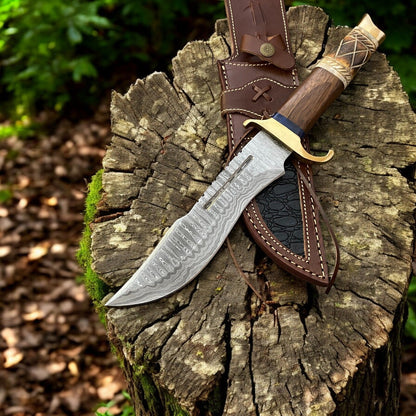 Damascus Knife Store Custom Handmade Bowie Knife - 14" Damascus Steel Blade, Rosewood & Bone Handle - Angler's Pro Tackle & Outdoors