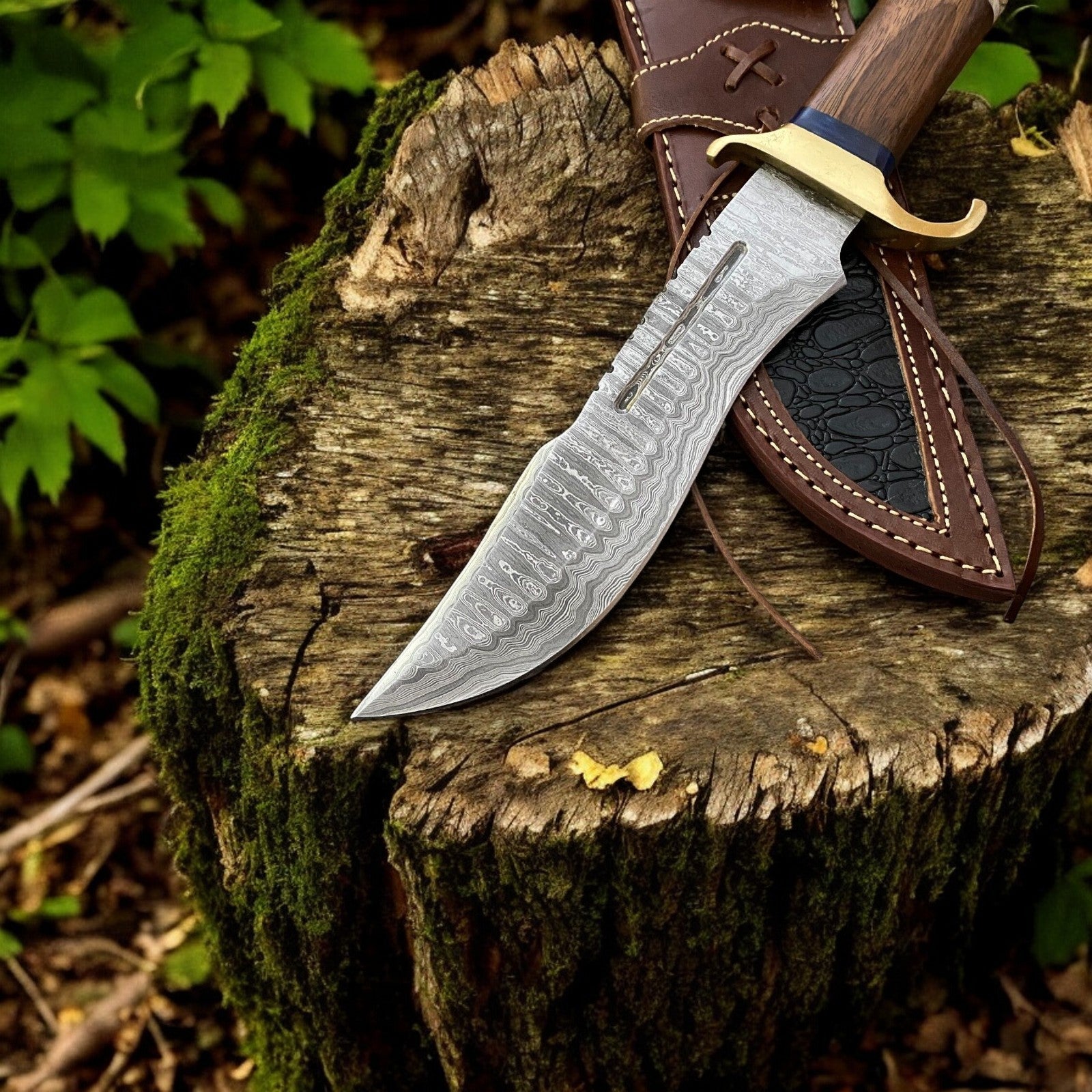 Damascus Knife Store Custom Handmade Bowie Knife - 14" Damascus Steel Blade, Rosewood & Bone Handle - Angler's Pro Tackle & Outdoors