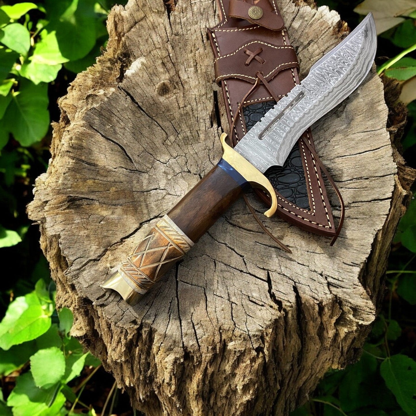 Damascus Knife Store Custom Handmade Bowie Knife - 14" Damascus Steel Blade, Rosewood & Bone Handle - Angler's Pro Tackle & Outdoors