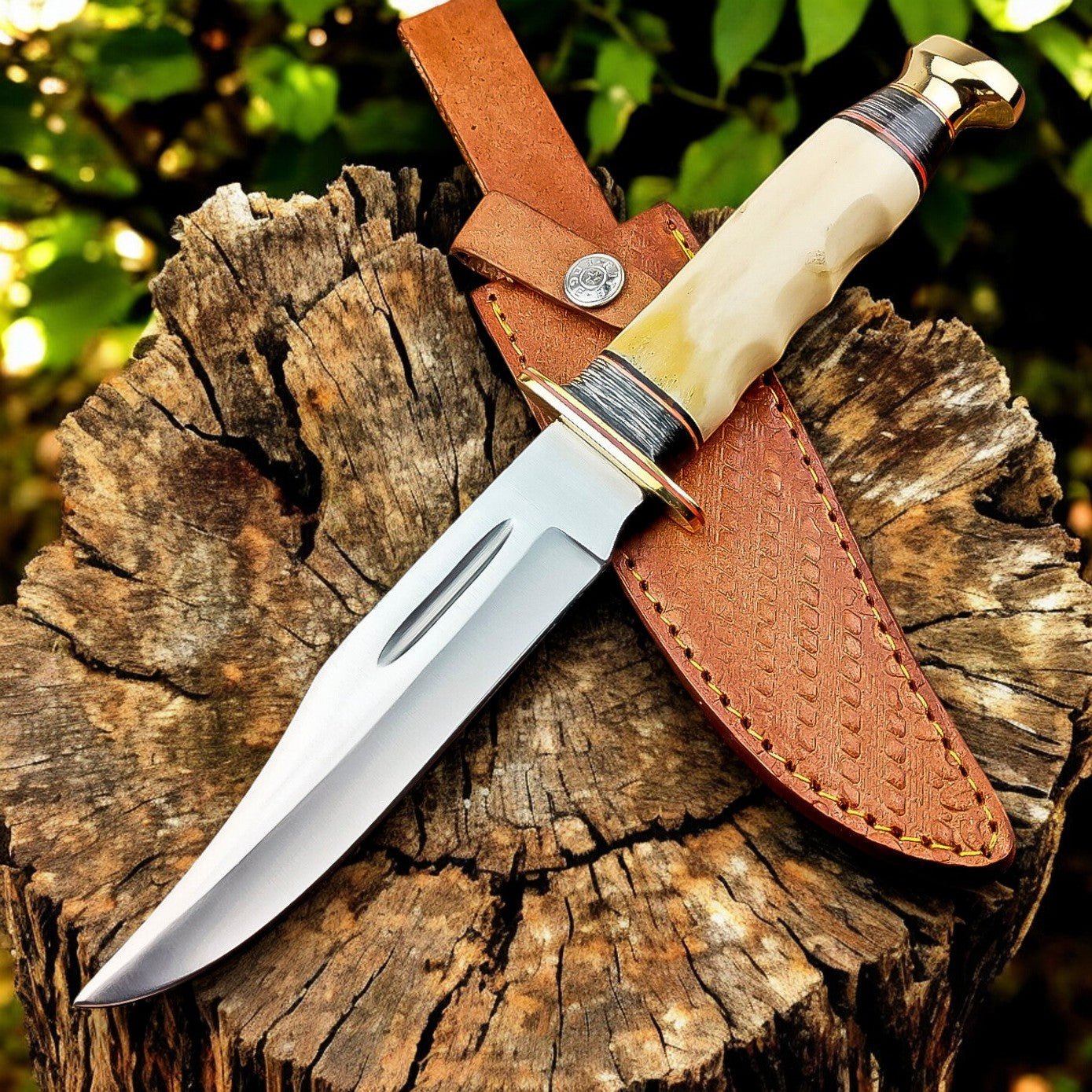 Damascus Knife Store Custom Handmade Bowie Knife - D2 Steel Blade with Bone Handle - Angler's Pro Tackle & Outdoors