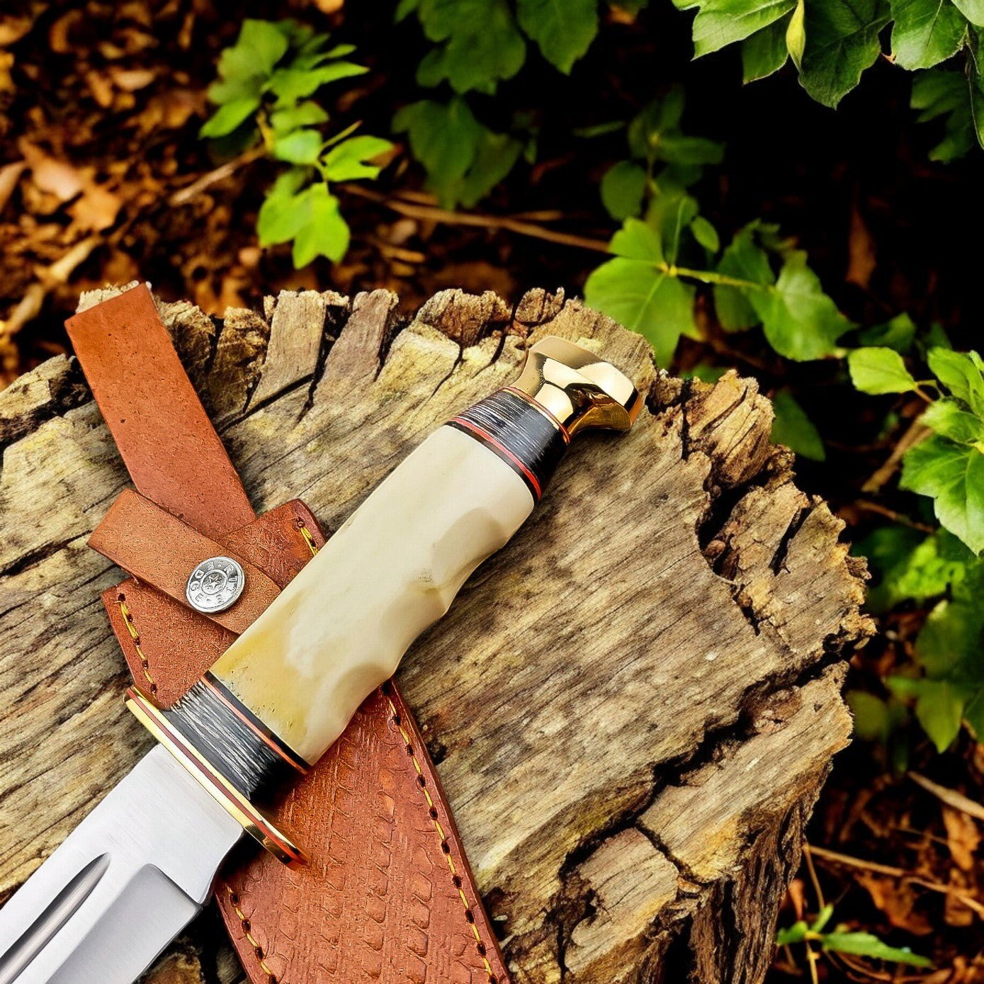 Damascus Knife Store Custom Handmade Bowie Knife - D2 Steel Blade with Bone Handle - Angler's Pro Tackle & Outdoors