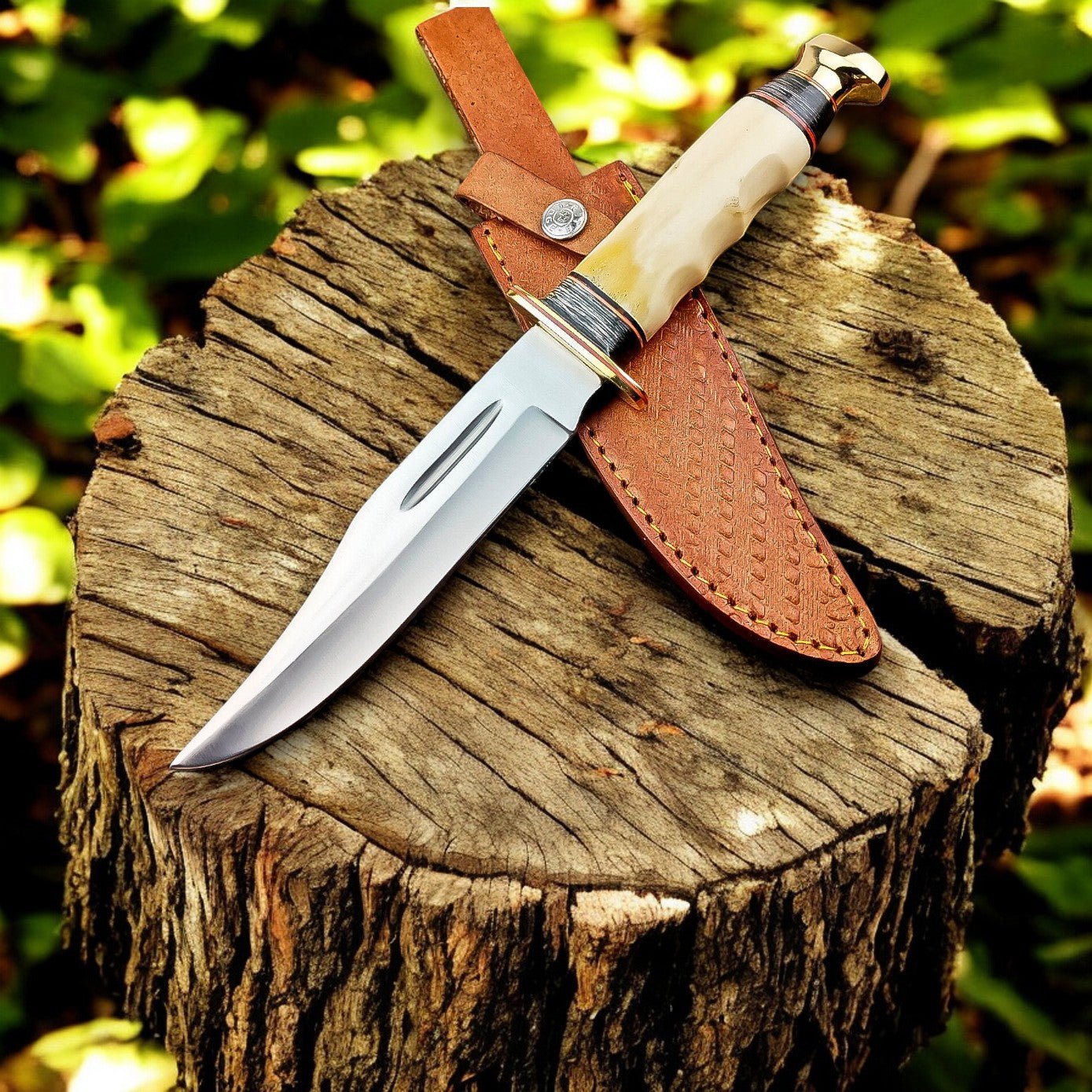 Damascus Knife Store Custom Handmade Bowie Knife - D2 Steel Blade with Bone Handle - Angler's Pro Tackle & Outdoors