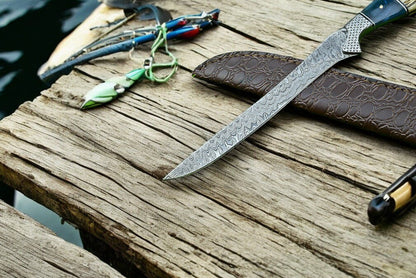 Damascus Knife Store Custom Handmade Damascus Fillet Knife – 12.5” with Leather Sheath - Angler's Pro Tackle & Outdoors