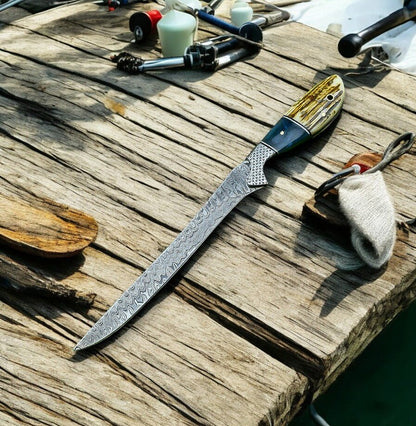 Damascus Knife Store Custom Handmade Damascus Fillet Knife – 12.5” with Leather Sheath - Angler's Pro Tackle & Outdoors
