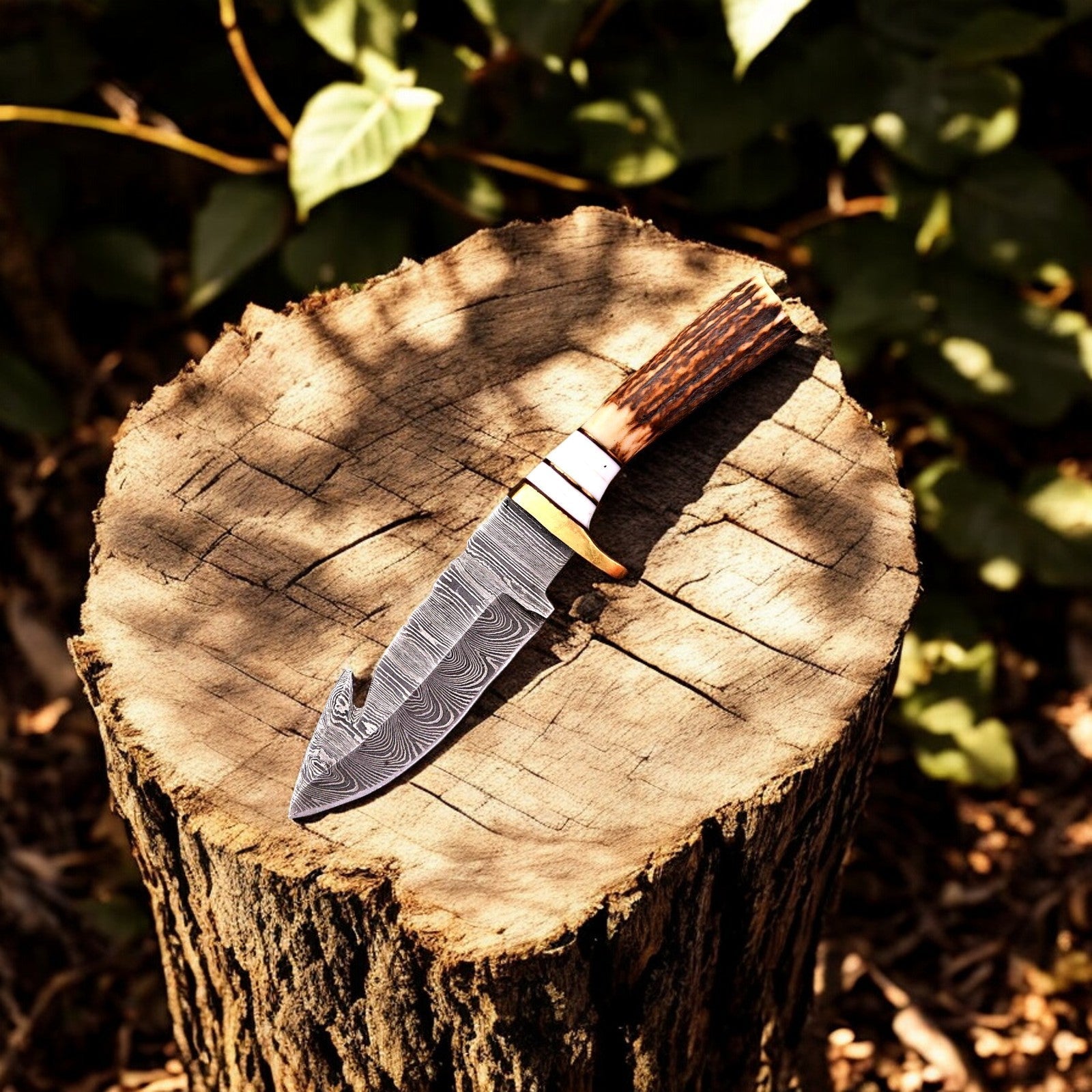 Damascus Knife Store Custom Handmade Damascus Hunting Knife – 8" with Antler Handle - Angler's Pro Tackle & Outdoors