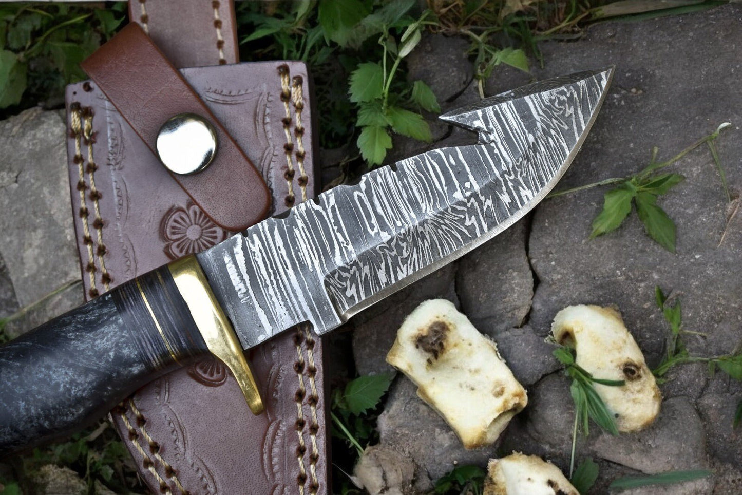 Damascus Knife Store Custom Handmade Damascus Hunting Knife – 8" with Sheath - Angler's Pro Tackle & Outdoors