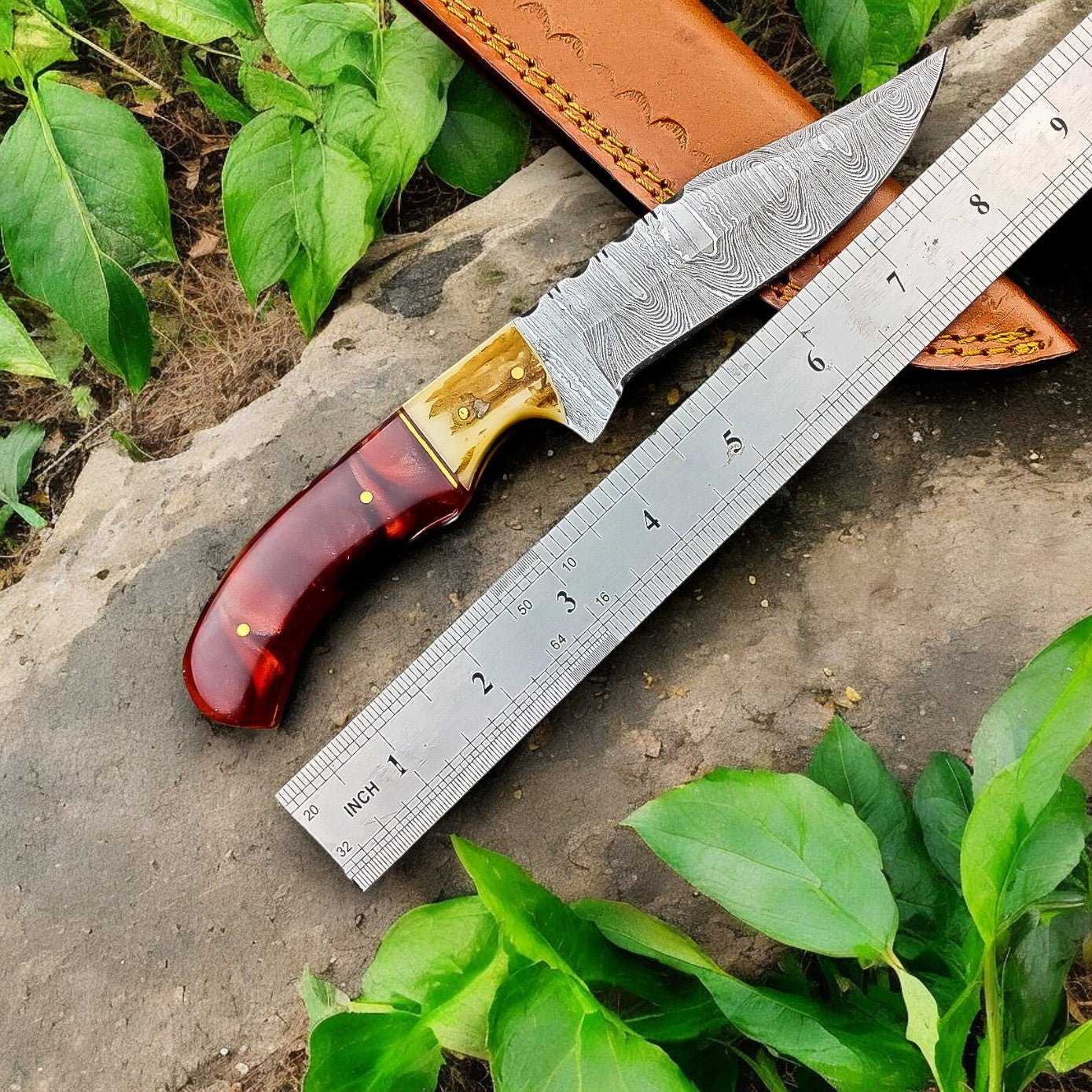 Damascus Knife Store Custom Handmade Damascus Hunting Knife – 9" with Sheath - Angler's Pro Tackle & Outdoors