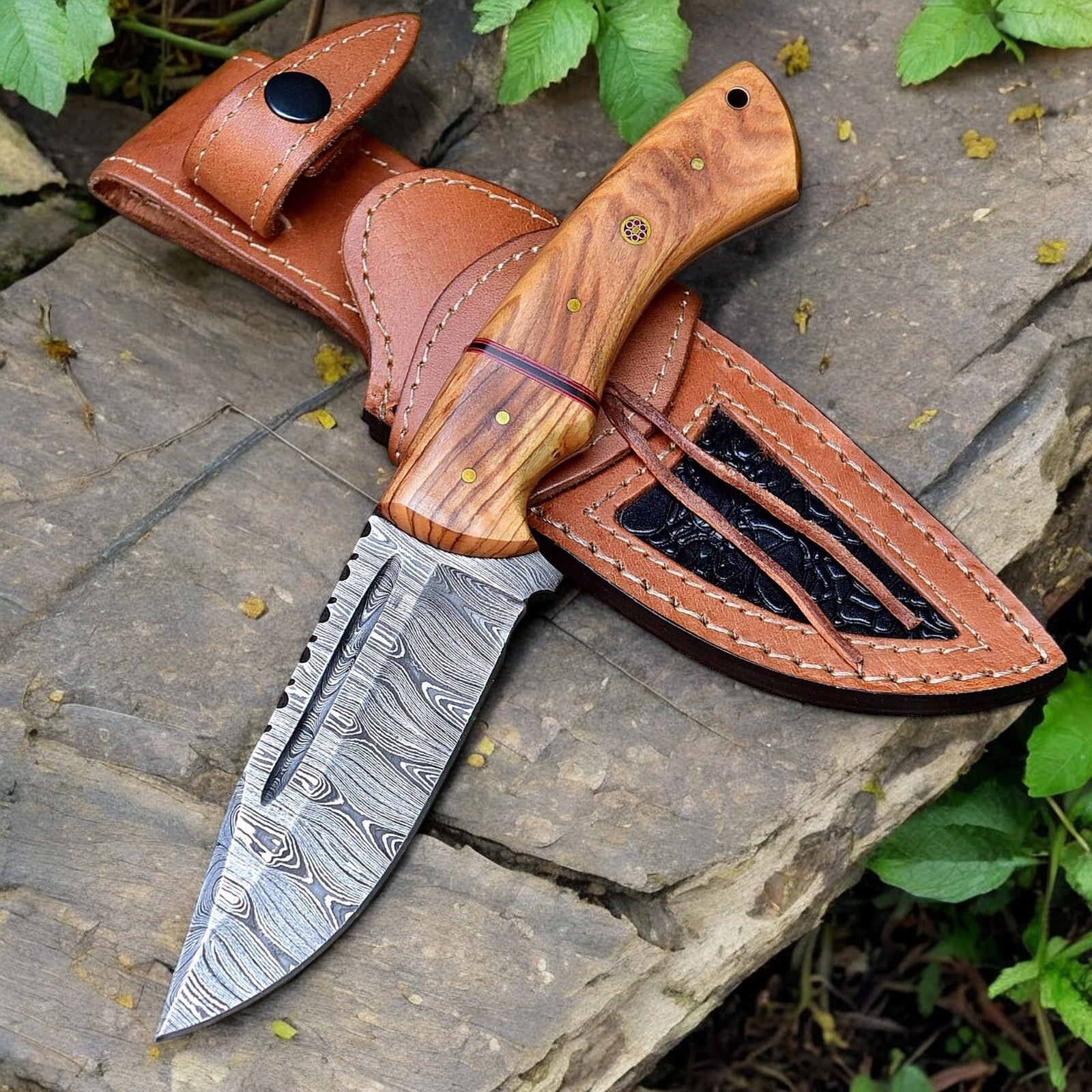 Damascus Knife Store Custom Handmade Damascus Hunting Knife – Olive Wood Handle - Angler's Pro Tackle & Outdoors