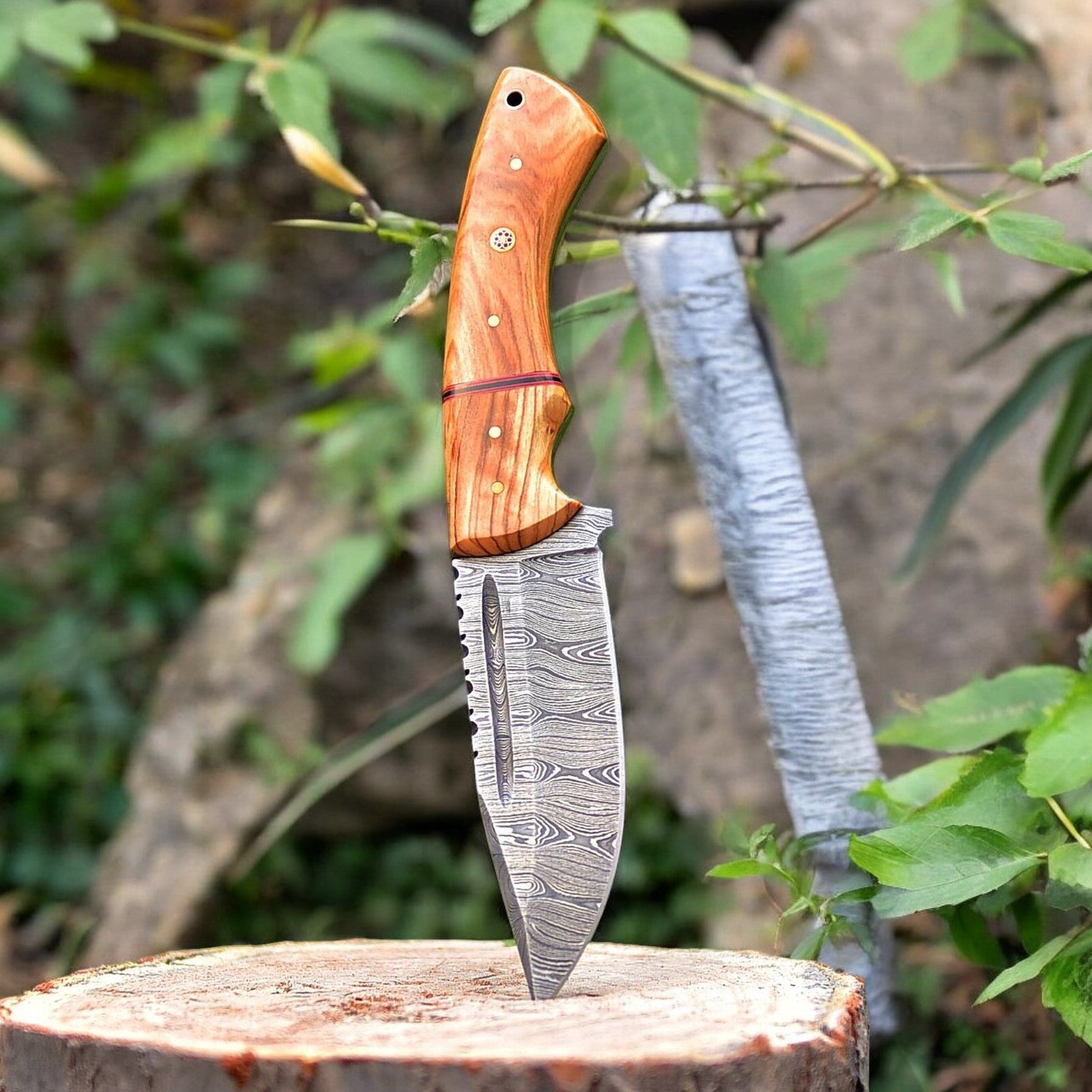 Damascus Knife Store Custom Handmade Damascus Hunting Knife – Olive Wood Handle - Angler's Pro Tackle & Outdoors