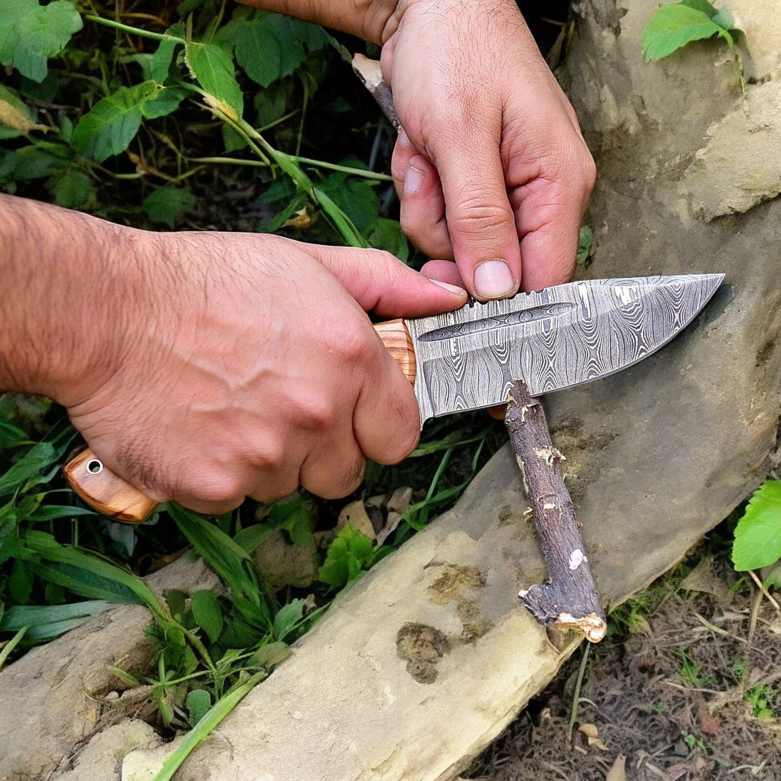 Damascus Knife Store Custom Handmade Damascus Hunting Knife – Olive Wood Handle - Angler's Pro Tackle & Outdoors