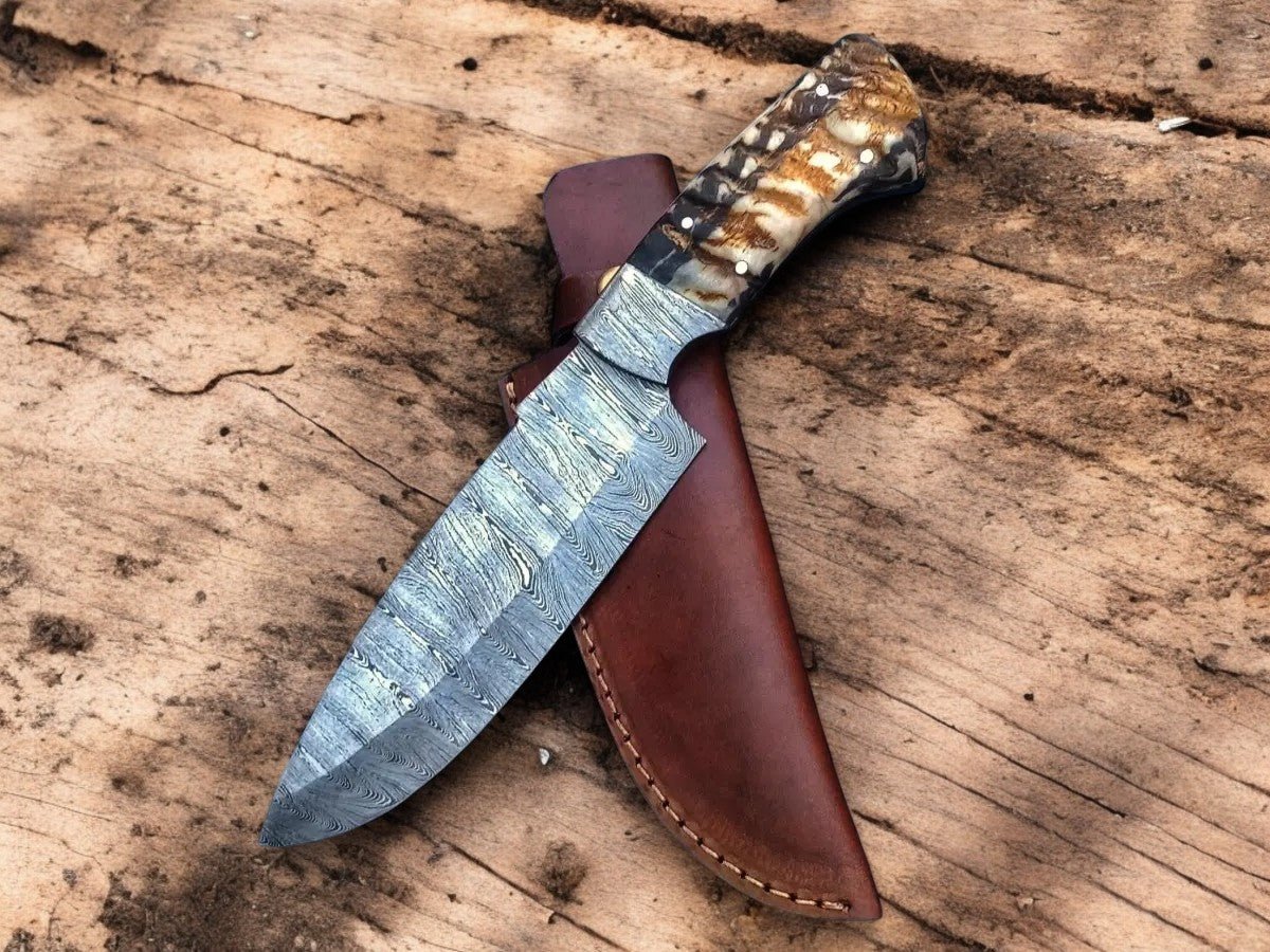 Damascus Knife Store Custom Handmade Damascus Hunting Knife – Sheep Horn Handle - Angler's Pro Tackle & Outdoors