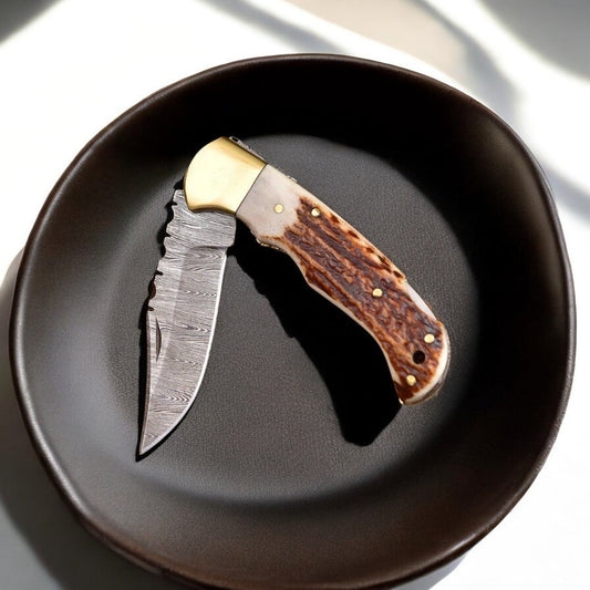 Damascus Knife Store Custom Handmade Damascus Steel Folding Knife with Antler Horn Handle - Angler's Pro Tackle & Outdoors