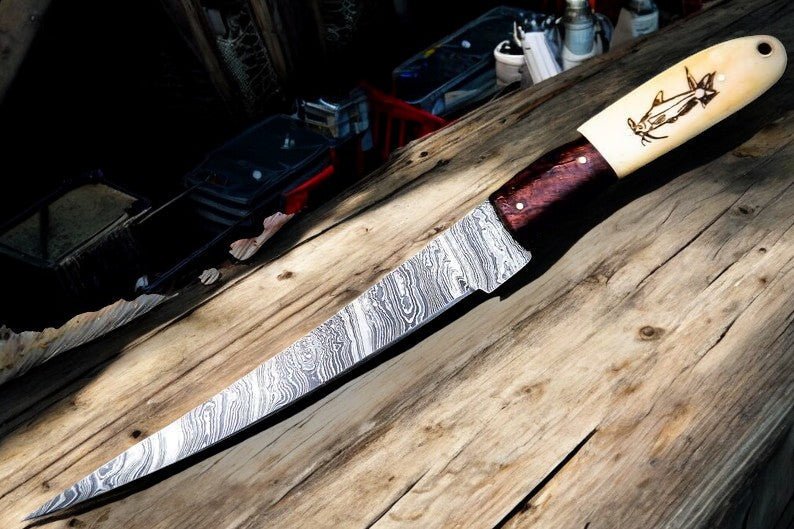 Damascus Knife Store Custom Handmade Fillet Knife | 13" with Bone & Wood Handle - Angler's Pro Tackle & Outdoors
