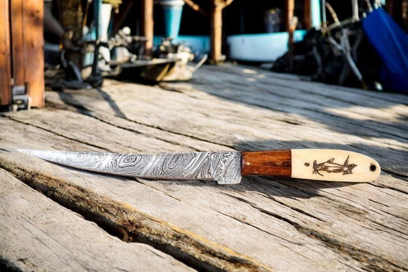 Damascus Knife Store Custom Handmade Fillet Knife | 13" with Bone & Wood Handle - Angler's Pro Tackle & Outdoors