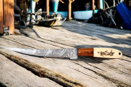 Damascus Knife Store Custom Handmade Fillet Knife | 13" with Bone & Wood Handle - Angler's Pro Tackle & Outdoors