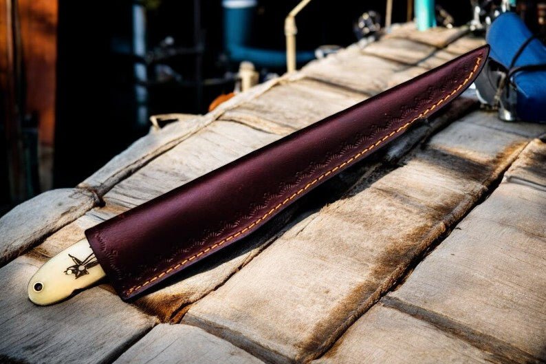 Damascus Knife Store Custom Handmade Fillet Knife | 13" with Bone & Wood Handle - Angler's Pro Tackle & Outdoors