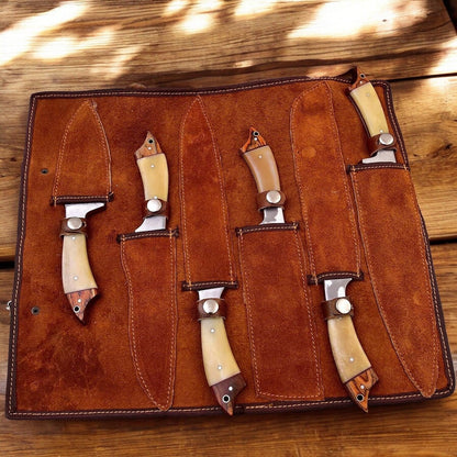 Damascus Knife Store Custom Handmade Kitchen Knives Set – Leather Roll - Angler's Pro Tackle & Outdoors