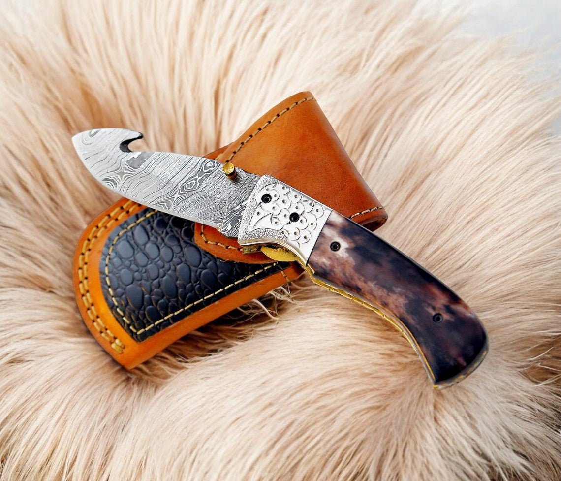 Damascus Knife Store Custom Handmade Pocket Knife – Colored Bone Handle - Angler's Pro Tackle & Outdoors
