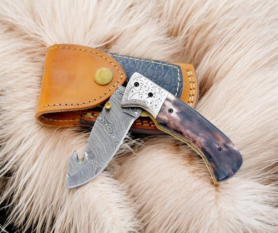 Damascus Knife Store Custom Handmade Pocket Knife – Colored Bone Handle - Angler's Pro Tackle & Outdoors